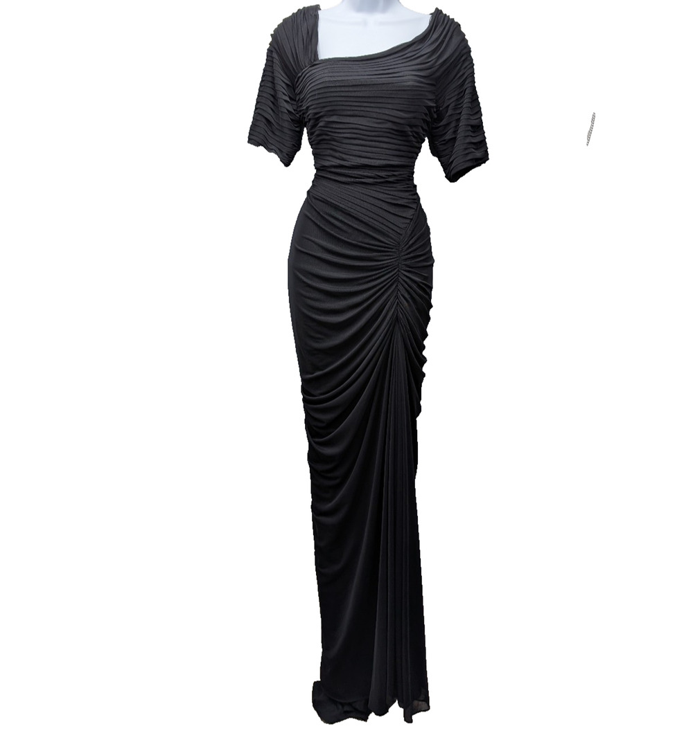 Tadashi Shoji Gown Womens Large Maxi Dress Black Ruched Stretch Glam Evening 90s